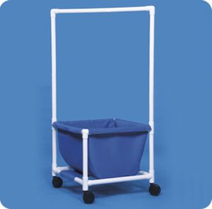 A blue tub on top of a white cart.