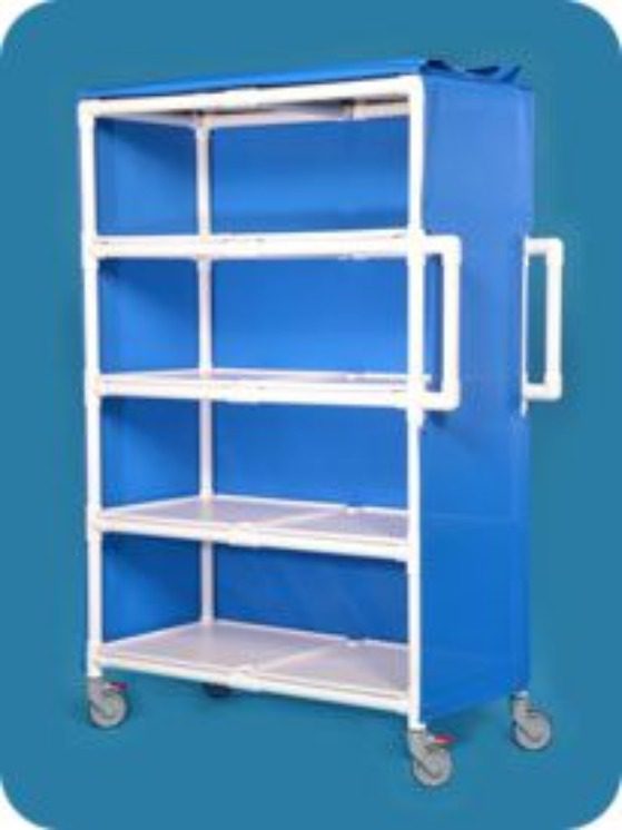 A blue cart with four shelves and two handles.