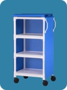 A blue and white cart with three shelves.