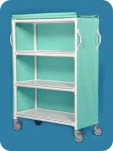 A blue shelf with two handles on the bottom.