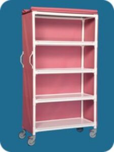A pink and white shelf with wheels