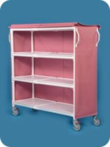 A pink shelf with a white frame and wheels.
