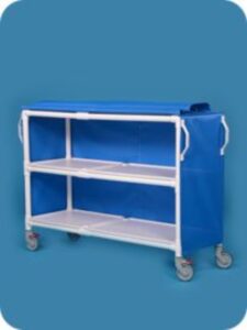 A blue cart with two shelves and a bag on top.