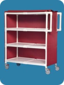 A red cart with three shelves and two plastic handles.