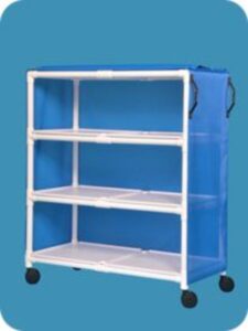 A blue cart with four shelves and a bag on top.