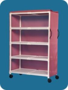 A pink shelf with wheels and handles on it.