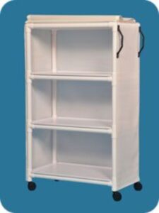 A white plastic shelf with wheels and handles.
