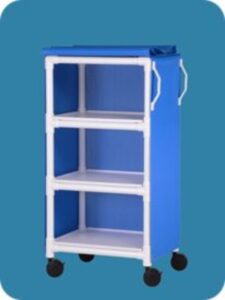 A blue cart with three shelves and two handles.