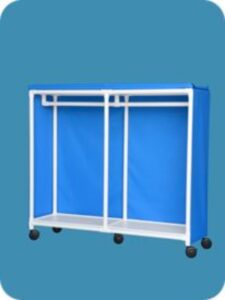 A blue and white cart with two hanging clothes racks.