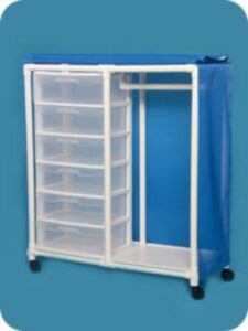 A blue cart with clear plastic drawers and a white frame.
