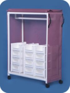 A purple cover is holding a rack of plastic drawers.