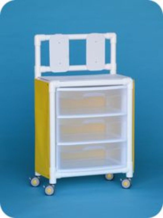 A yellow and white cart with three drawers.