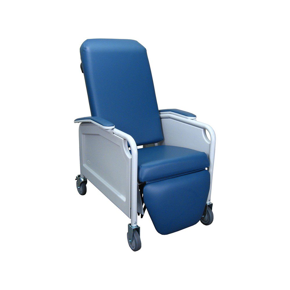 A blue and white chair with wheels