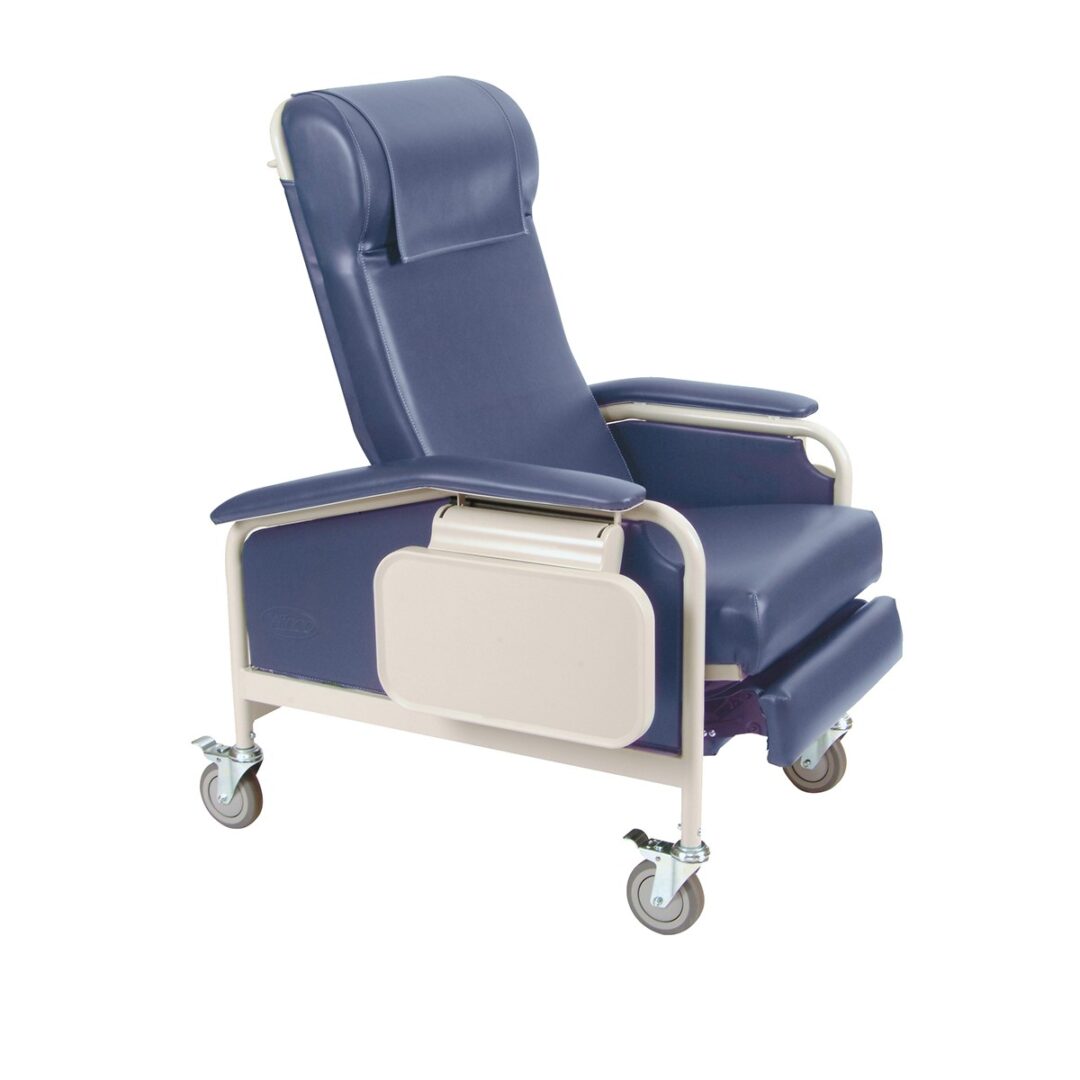 A blue and white chair with wheels
