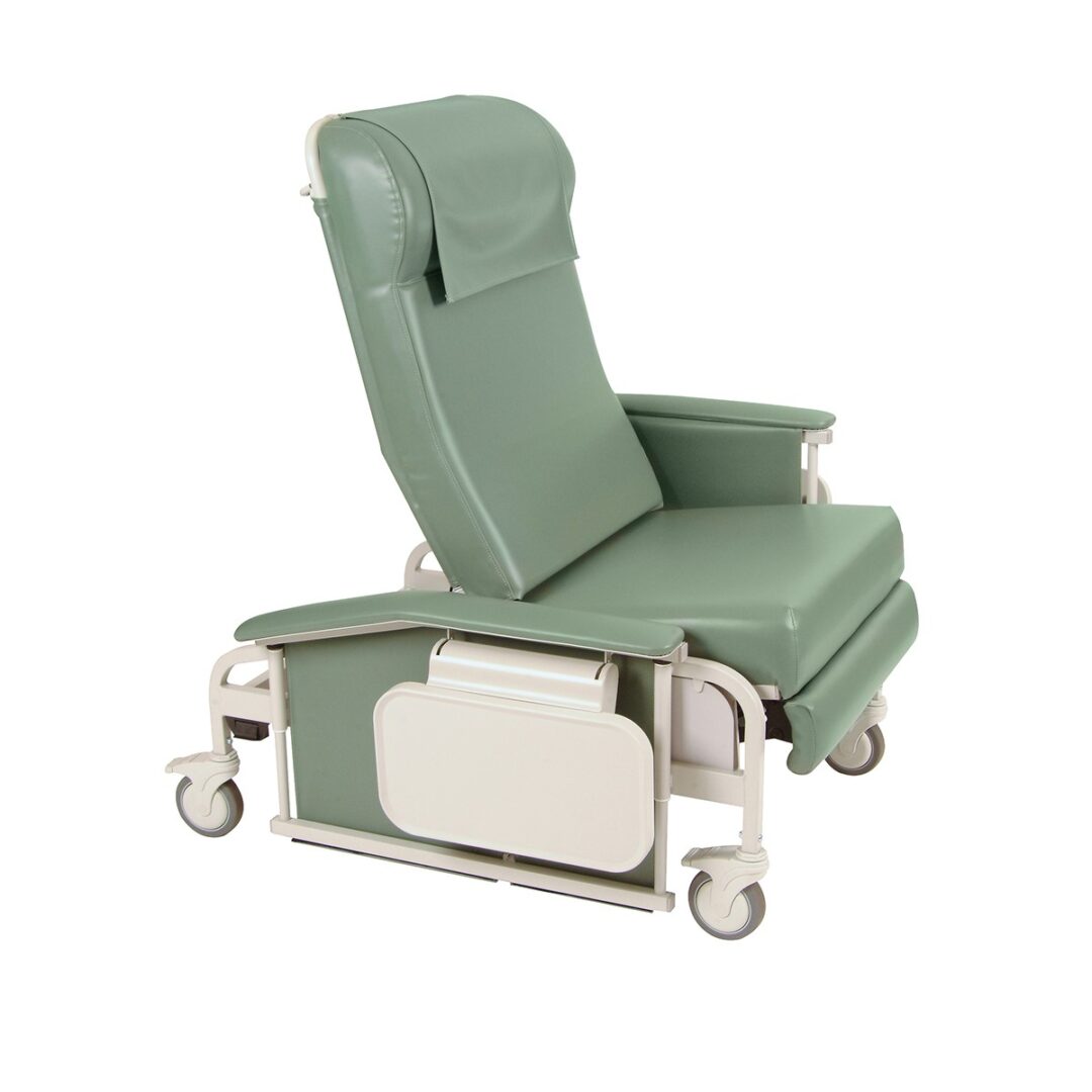 A green reclining chair with wheels and arm rests.