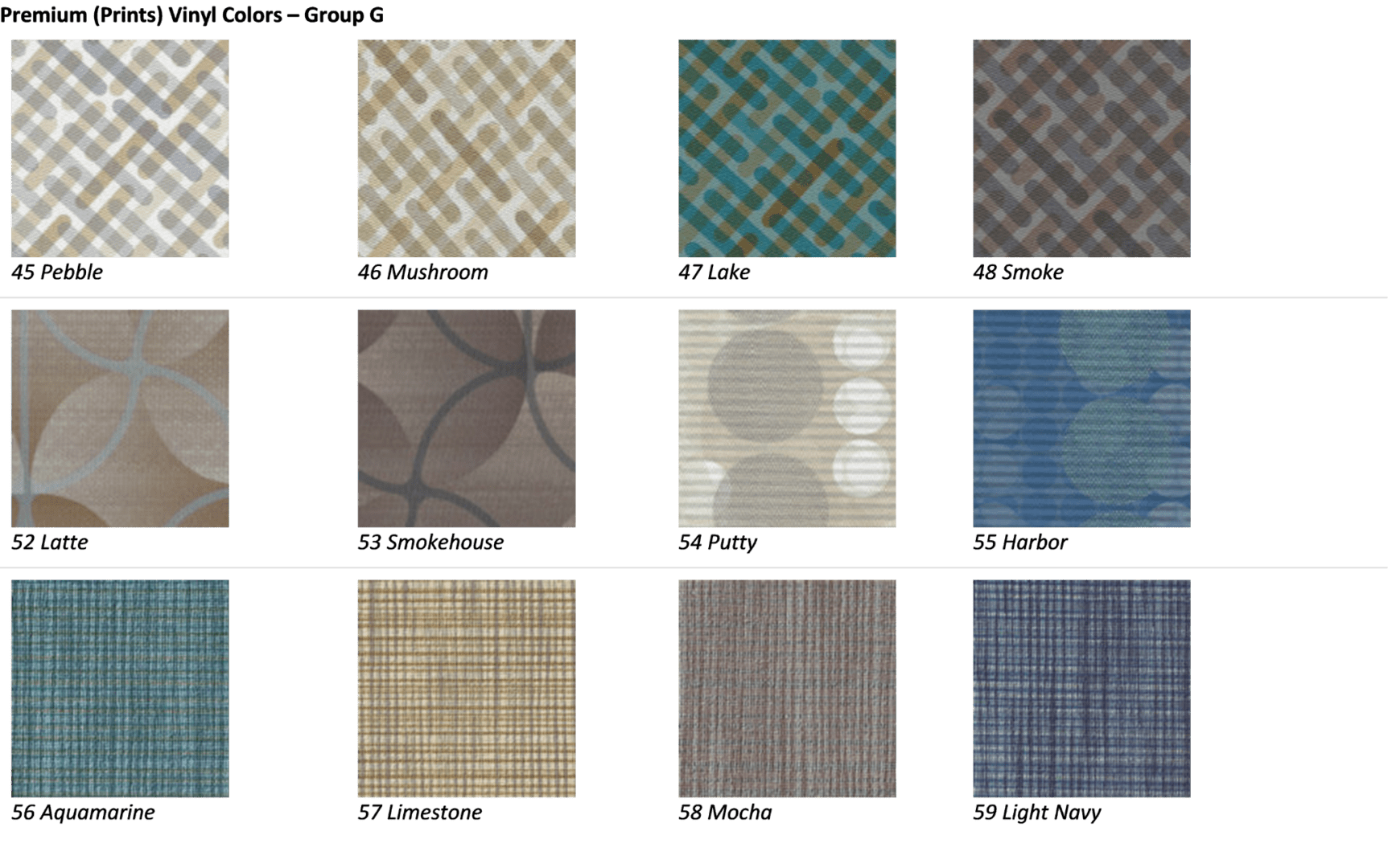 A series of different fabric swatches on green.