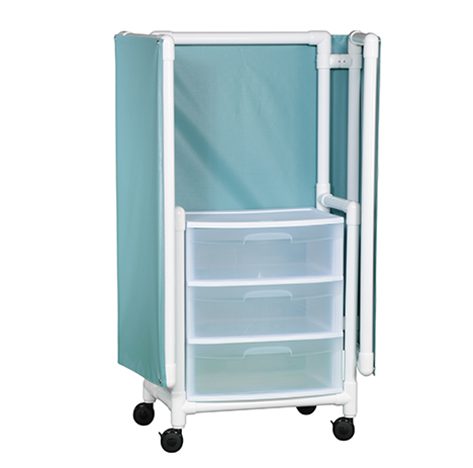 A blue cart with two drawers and a door.