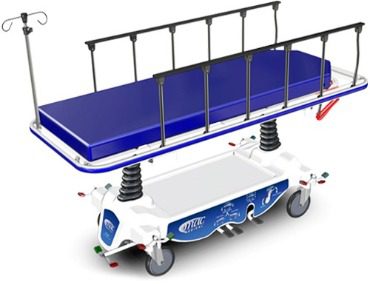 A blue and white cart with a blue bed on top