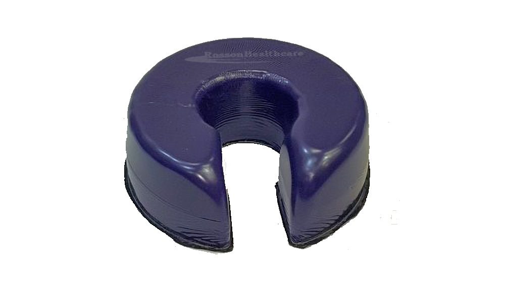 A blue donut shaped container with black rubber on top.