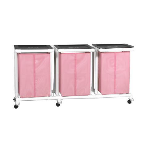 A pink and white cart with three bins on top.